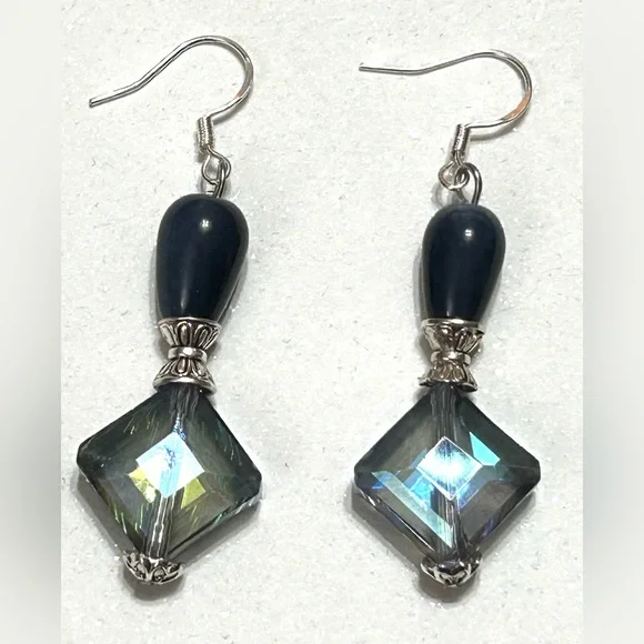 Elegant Silver and Iridescent Blue Dangle Earrings - Picture 5 of 11